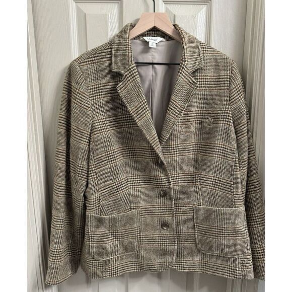 Vintage LL‎ Bean Women XL Herringbone Tweed Tan Brown Silk Wool Blend Blazer - Picture 1 of 9